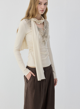 F1protagonist 层叠双层珠片V领针织衫春秋T恤女针织衫长袖上衣