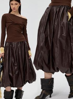 F1protagonist【正向折叠】涂层肌理褶皱2024秋冬新品橡筋花苞裙