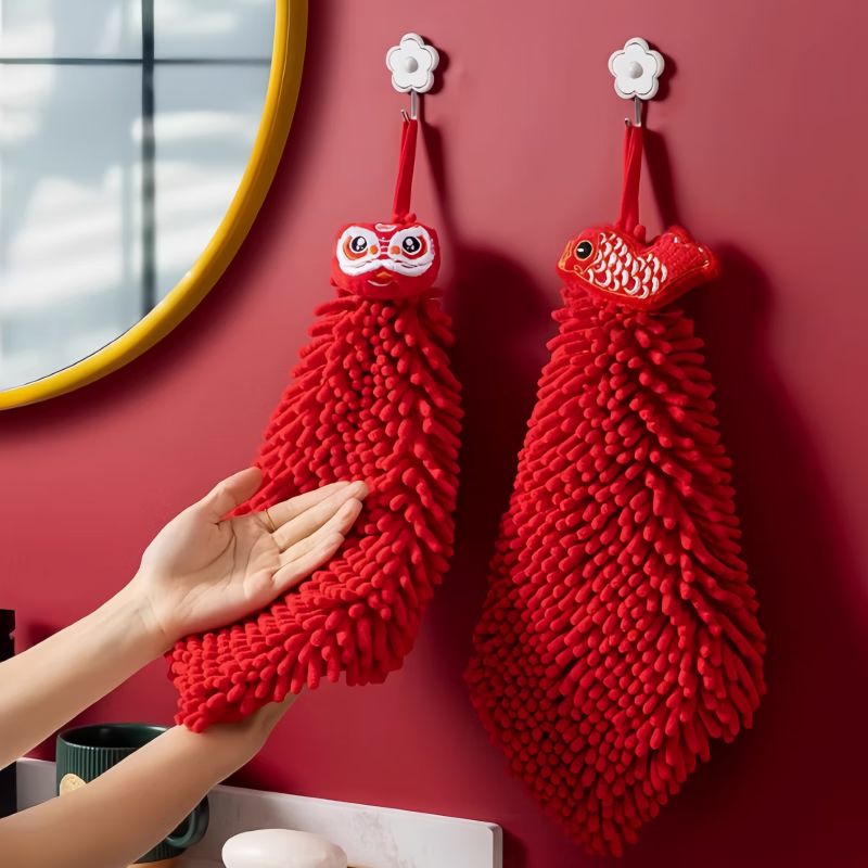 创意擦手巾国潮龙年擦手巾挂式吸水不掉毛结婚红色喜庆大毛巾