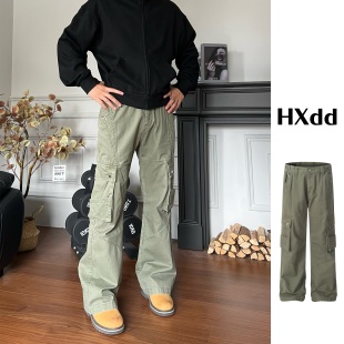 黑熊美式多口袋复古解构设计微喇水洗工装裤宽松男女牛仔长裤1658