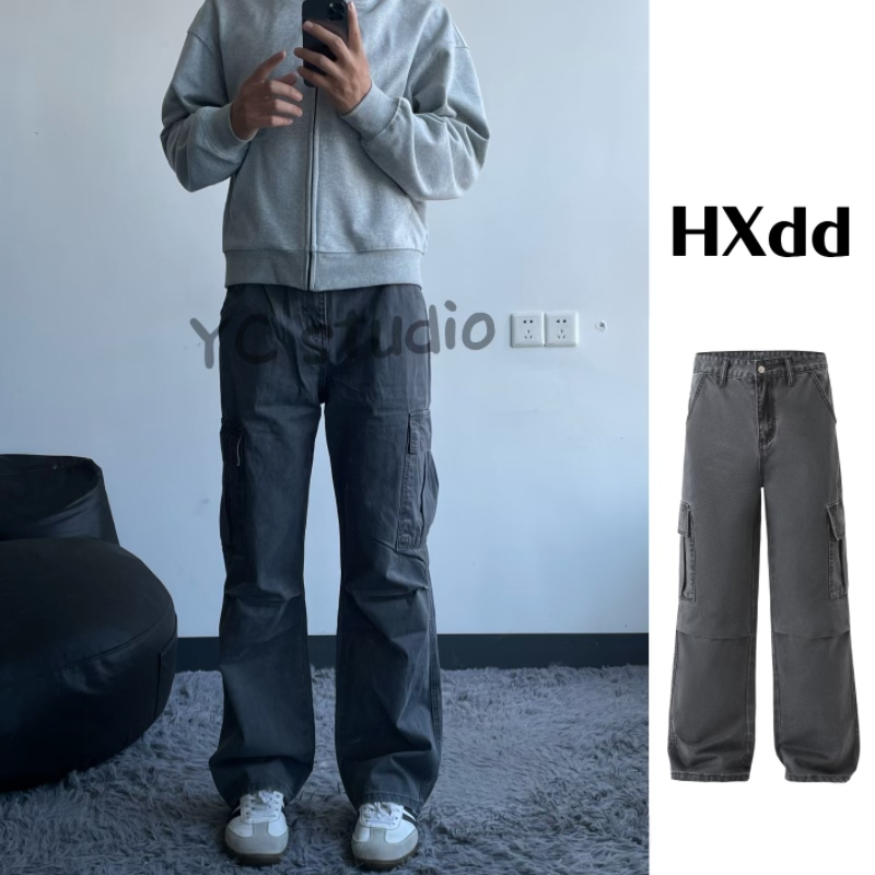 黑熊美式硬挺直筒大口袋工装裤男女显瘦高街牛仔宽松休闲长裤0020