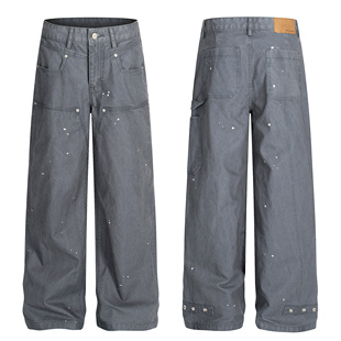 黑熊 法工蓝做旧泼墨直筒伐木裤宽松复古阔腿工装裤男休闲长裤037