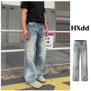 男女宽松长裤 复古vintage水洗直筒冰川蓝牛仔裤 潮039 美式 黑熊夏季