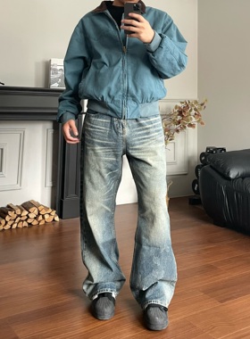 黑熊复古水洗做旧磨破显高百搭猫须压水痕直筒微喇蓝色牛仔裤6932