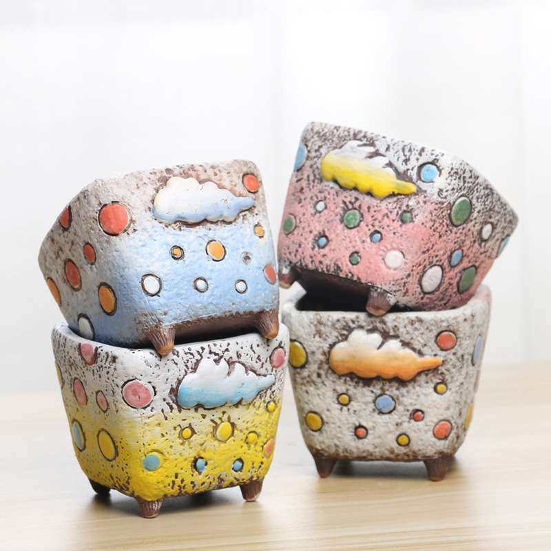 新款浮雕手绘彩虹云朵多肉植物粗陶瓷花盆带脚透气四方口径,家居饰品,花盆,淘宝优惠券,粉丝福利购,淘宝优惠卷