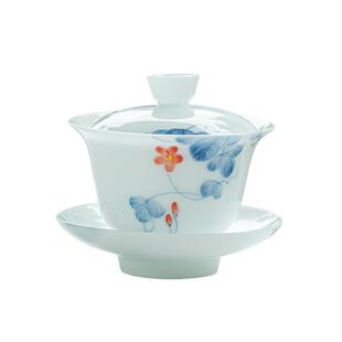 碗可悬停冰种玉瓷手绘凌霄花三才盖釉下高白瓷lxg新青式花彩泡茶