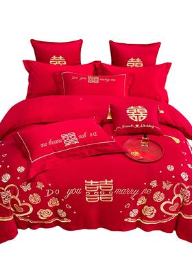 婚TMM100绒嫁床.上四件套大红色被套婚房用品陪嫁40支长刺棉绣18