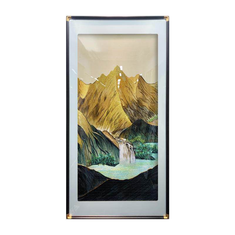金山聚宝盆轻奢装饰画走廊玄关刺绣挂画山水风景样板简笔画高级感