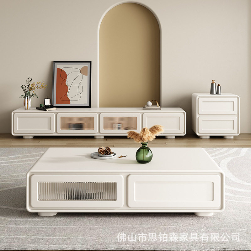 简约电视柜茶几组合小户型现代奶油风客厅白色实木落地柜电视机柜