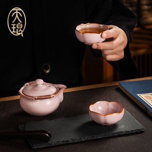 汝窑粉珀手抓壶一壶二杯 蝉翼纹可养开片 高端茶具收藏 映荷杯