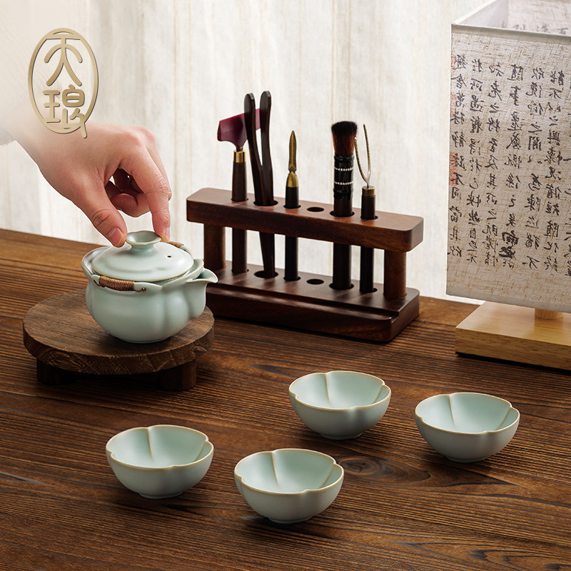 高端汝窑 天青釉如意手抓壶一壶四杯 蝉翼纹可养开片高端茶具