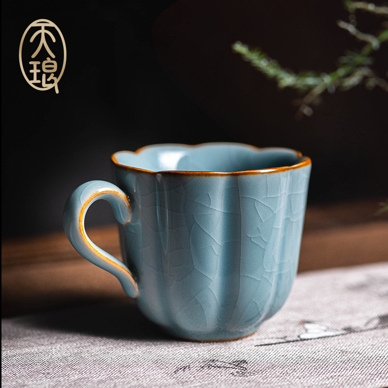 天琅窑 哥窑宝石蓝花开杯 冰裂纹开片茶具高端金边茶道家用办公室