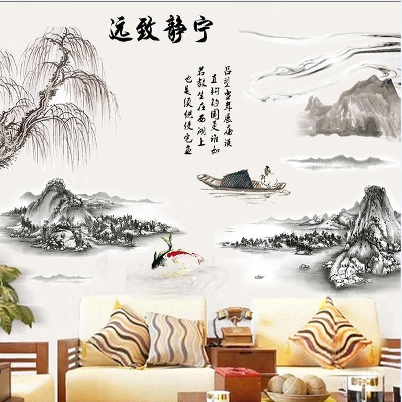 创意中国风中式水墨画墙贴纸山水贴画书房客厅电视沙发背景墙装饰图片