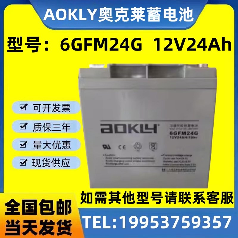 AOKLY奥克莱蓄电池6GFM24G免维护12V24Ah消防主机 直流屏 UPS电源