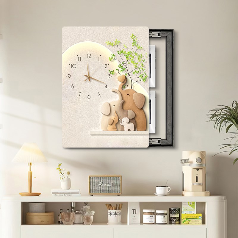 大象电表箱装饰画竖款带钟表遮挡配电箱时钟挂P画奶油风电闸盒壁