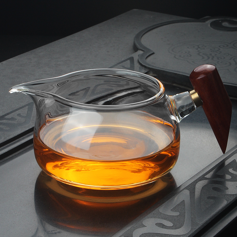 日式茶海功夫分茶器具玻璃公杯茶漏过滤杯公道P杯加厚耐热花梨木