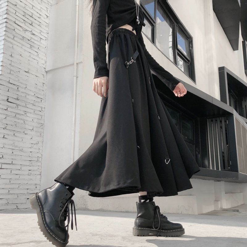 High Waist Splicing Buckle Irregular Gothic Skirt Black Setw