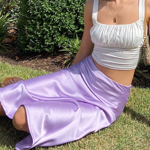 极速Mnealways Solid Purple Satin Silk Skirt Women High Waist
