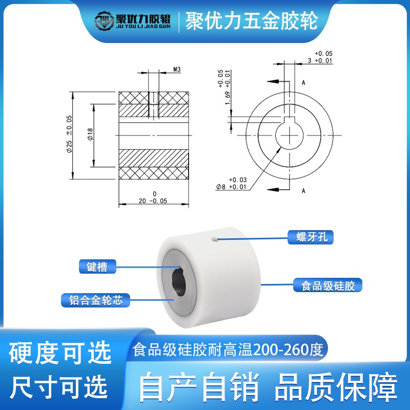 耐高温硅胶包胶轮主动轮滚筒传动滚轮铝合金通孔键槽包Y胶动力滚