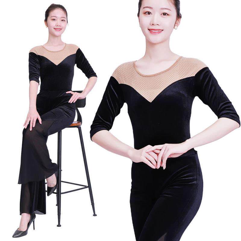 新款网红形体训练服装女练功服现代舞蹈服带暗扣连档金丝绒莫代尔