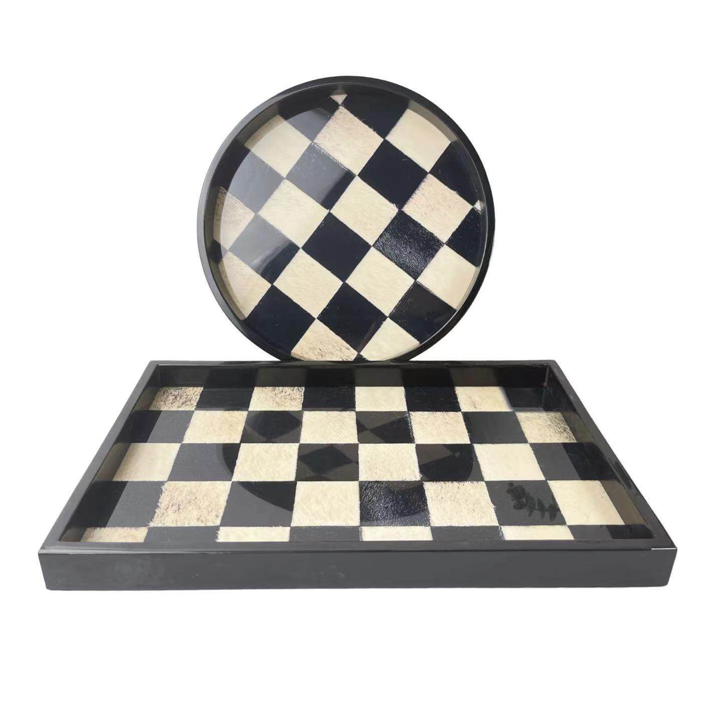 马毛黑白棋盘格钢琴漆香薰蜡烛托盘玄关桌面钥匙收纳盒轻奢高级感