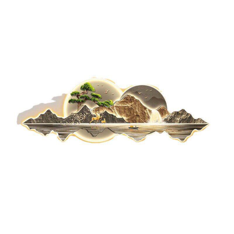 新中式迎客松沙发背景墙装饰画流水生财挂画会客间茶室客厅壁灯画