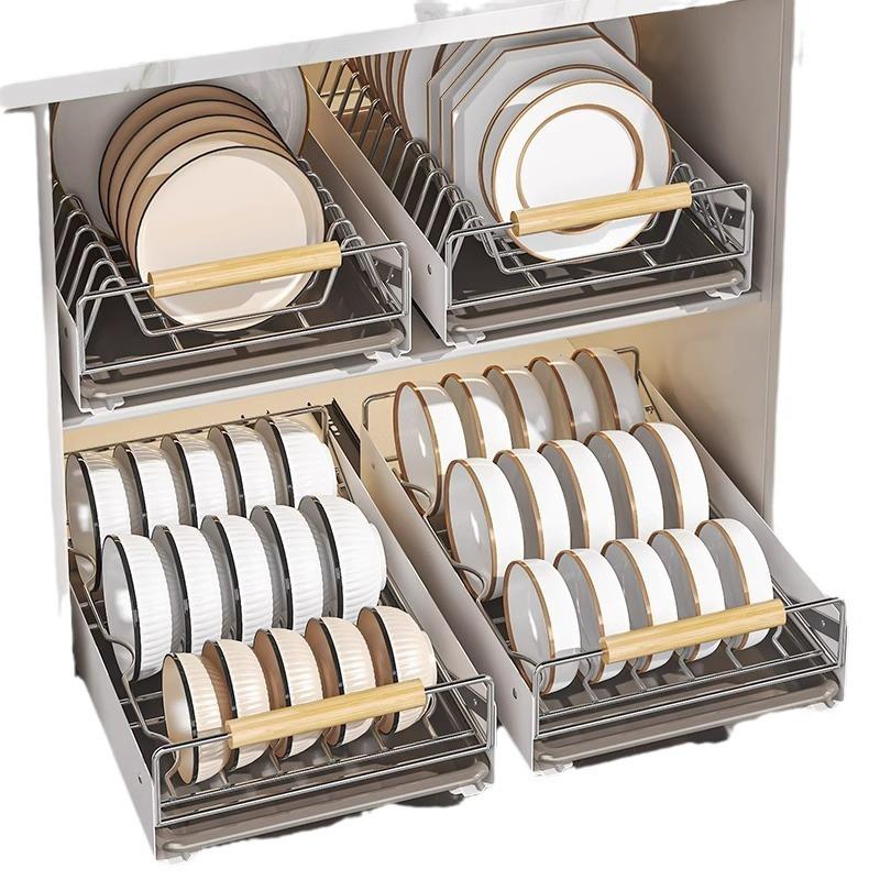 不锈钢WVV碗碟收纳架厨房橱柜盘置架抽式拉碗篮抽屉拉放物盘子沥