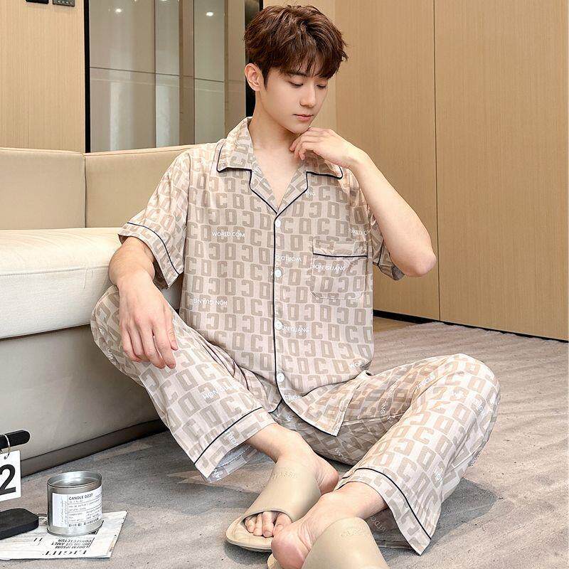 夏季薄款棉绸睡衣男士短袖