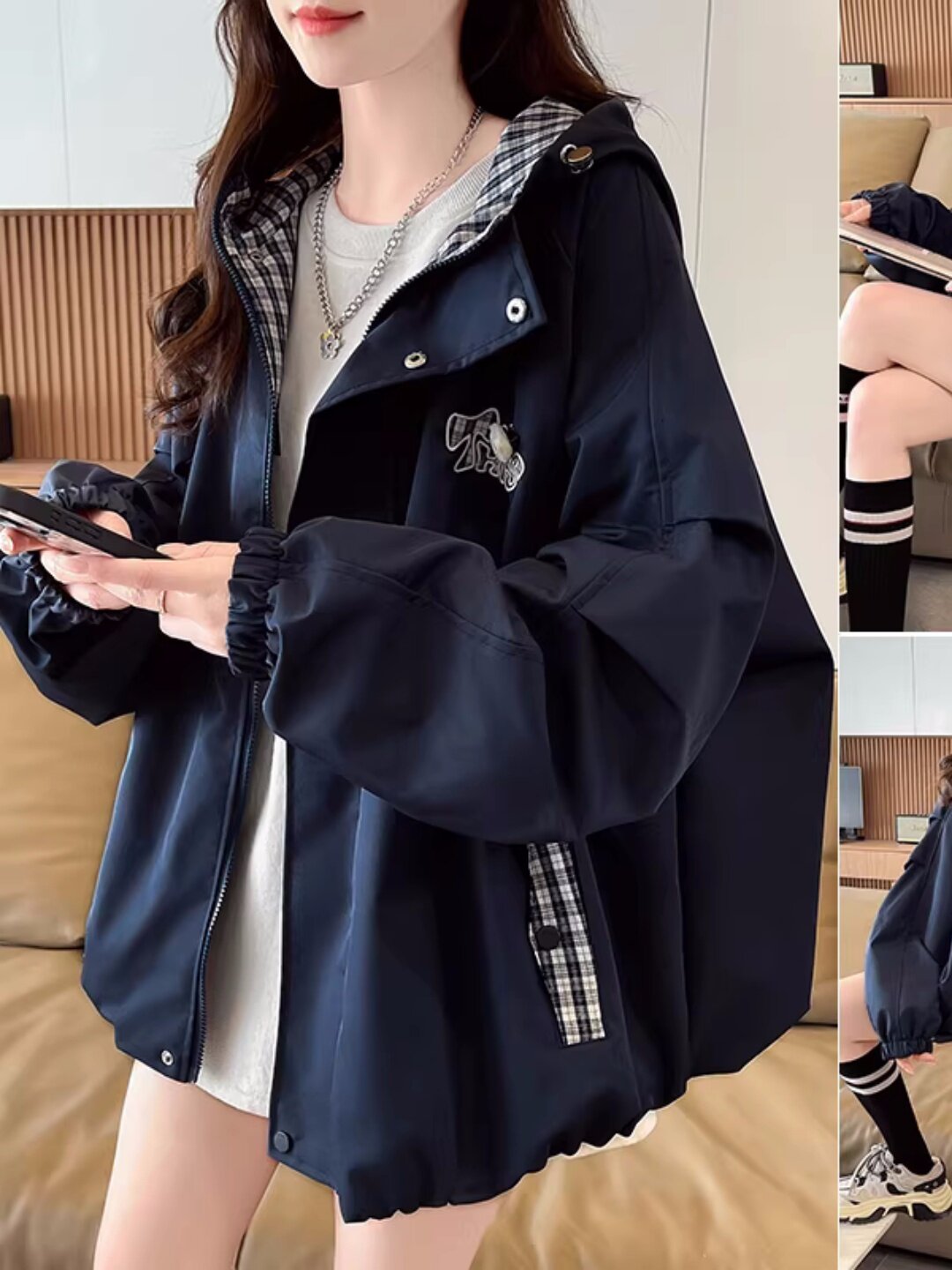 Qadın damalı qısa plaş jaket, yaz-payız üçün