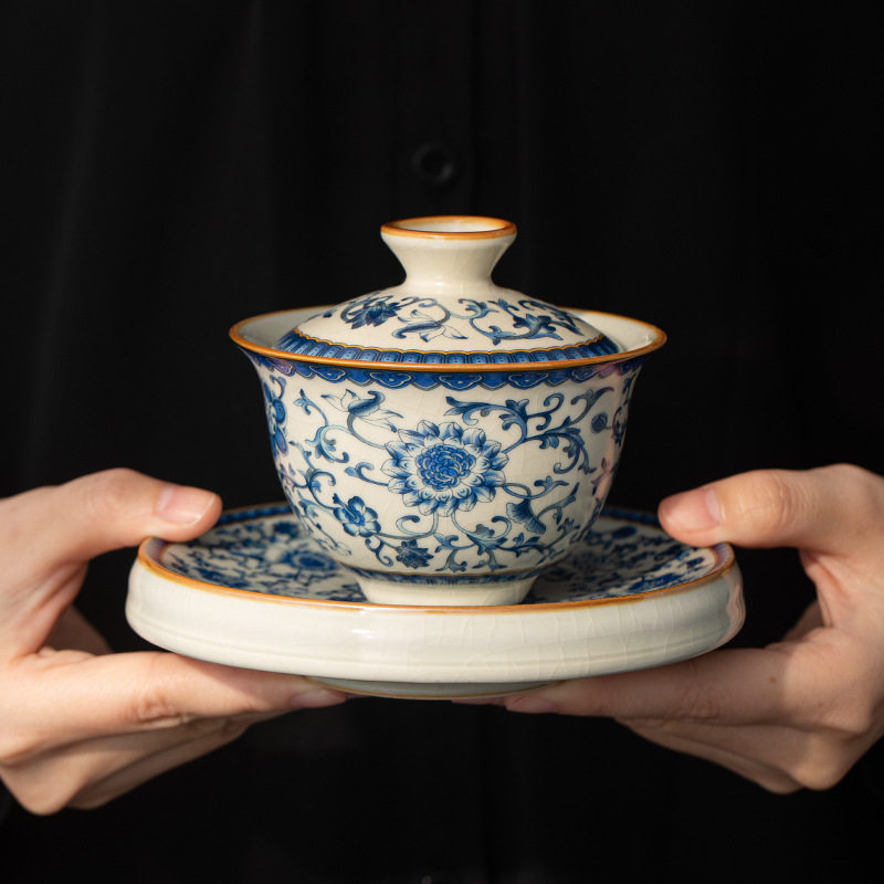 青花汝窑缠枝莲三才盖碗茶杯茶杯单个带盖家用国风功夫泡茶碗