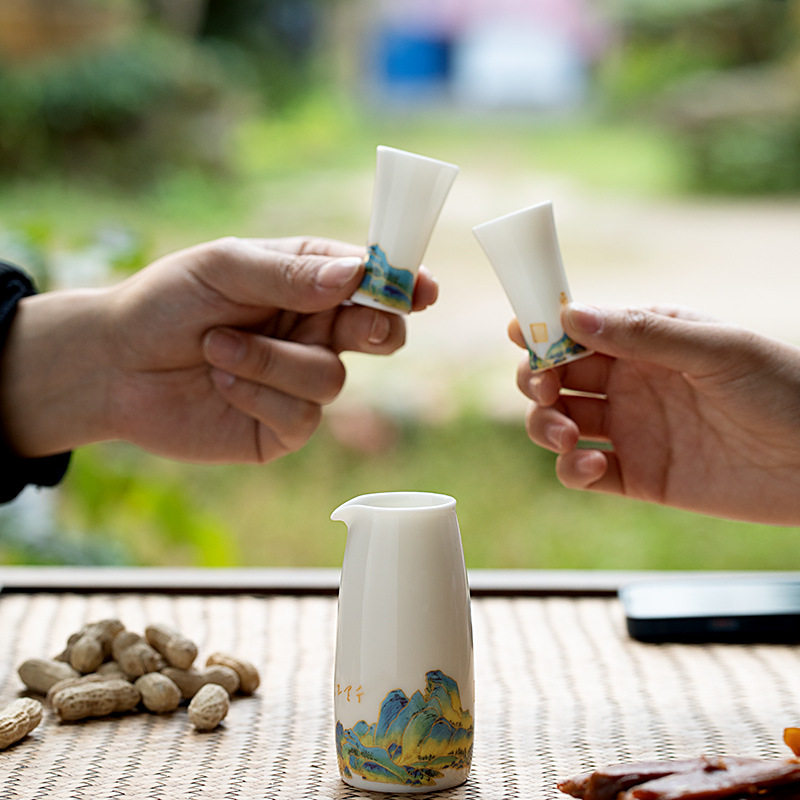 陶瓷酒具套装酒壶小酒盅清酒杯喝酒杯白酒杯分酒器一口杯千里江山