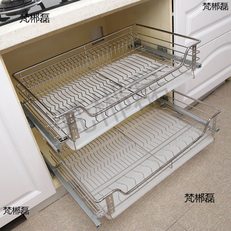 #304拉篮不锈钢实心阻尼缓冲橱柜拉蓝抽屉碗架双层碗碟厨房隆之意