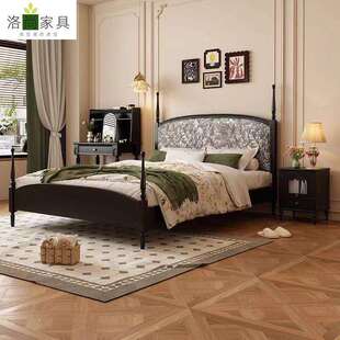 中古风田园复古实木床主卧1.8米双人床家用婚床1.5米美式单人床