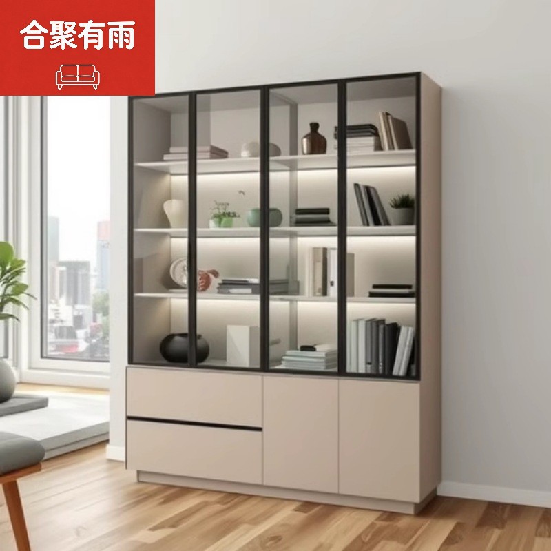新款家用带玻璃门客厅一体简约整墙现代轻奢酒柜储物柜书架展示柜