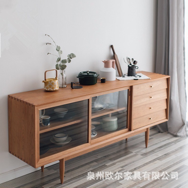 北欧实木餐边柜客厅移门推拉玻璃柜储物柜玄关靠墙备餐柜茶水柜