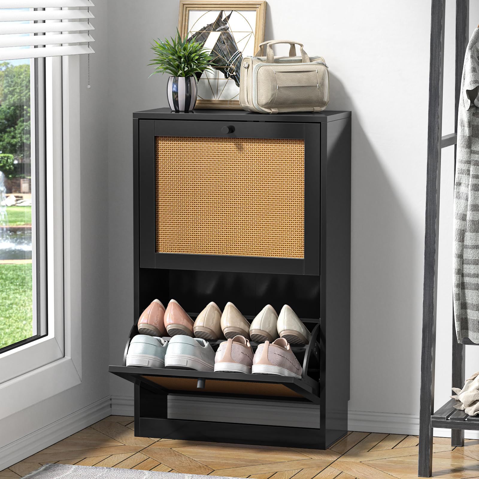 藤黑色鞋柜带2个翻转抽屉入口走廊狭窄2层入口黑色客厅走廊