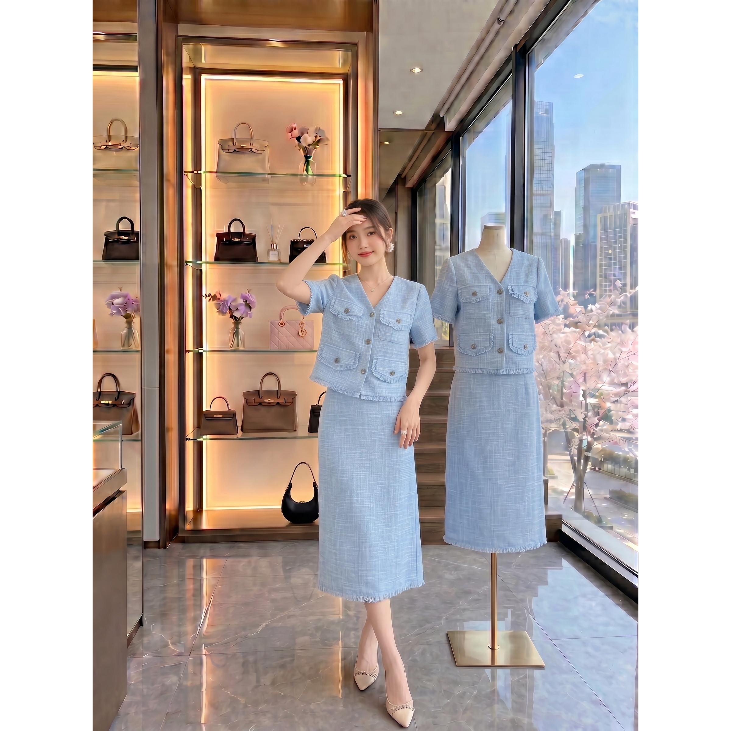 对白气质小香风套装裙女夏季2026新款高级感短袖上衣半身裙两件套