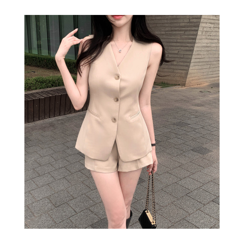 韩国chic 法式V领无袖西装时尚套装