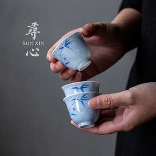 纯手绘竹子雾蓝陶瓷茶杯家用品茗杯单个主人杯功夫茶具聚香闻香杯