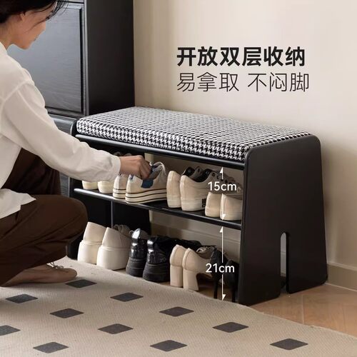 实木换鞋凳门口家用入户鞋柜坐凳一体黑色复古矮凳走廊简易加宽