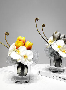 现代轻奢灰色水晶花器仿真蝴蝶兰高端花艺摆件客厅茶几洽谈桌花艺