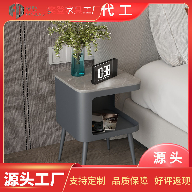 北欧岩板铁艺简易床头柜卧室小型床边桌客厅沙发边柜迷你储物柜
