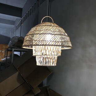 新中式火锅店日式竹艺灯笼吊灯具藤编吊灯蘑菇造型三层罩铁艺吊灯
