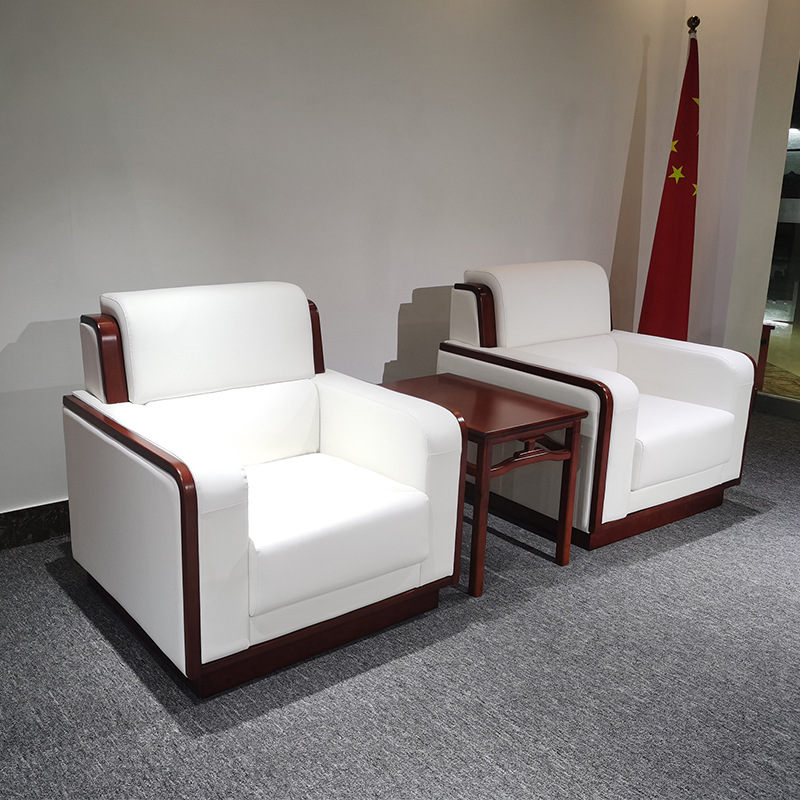 办公室贵宾接待沙发茶几组合中式商务培训会议单人实木办公沙发