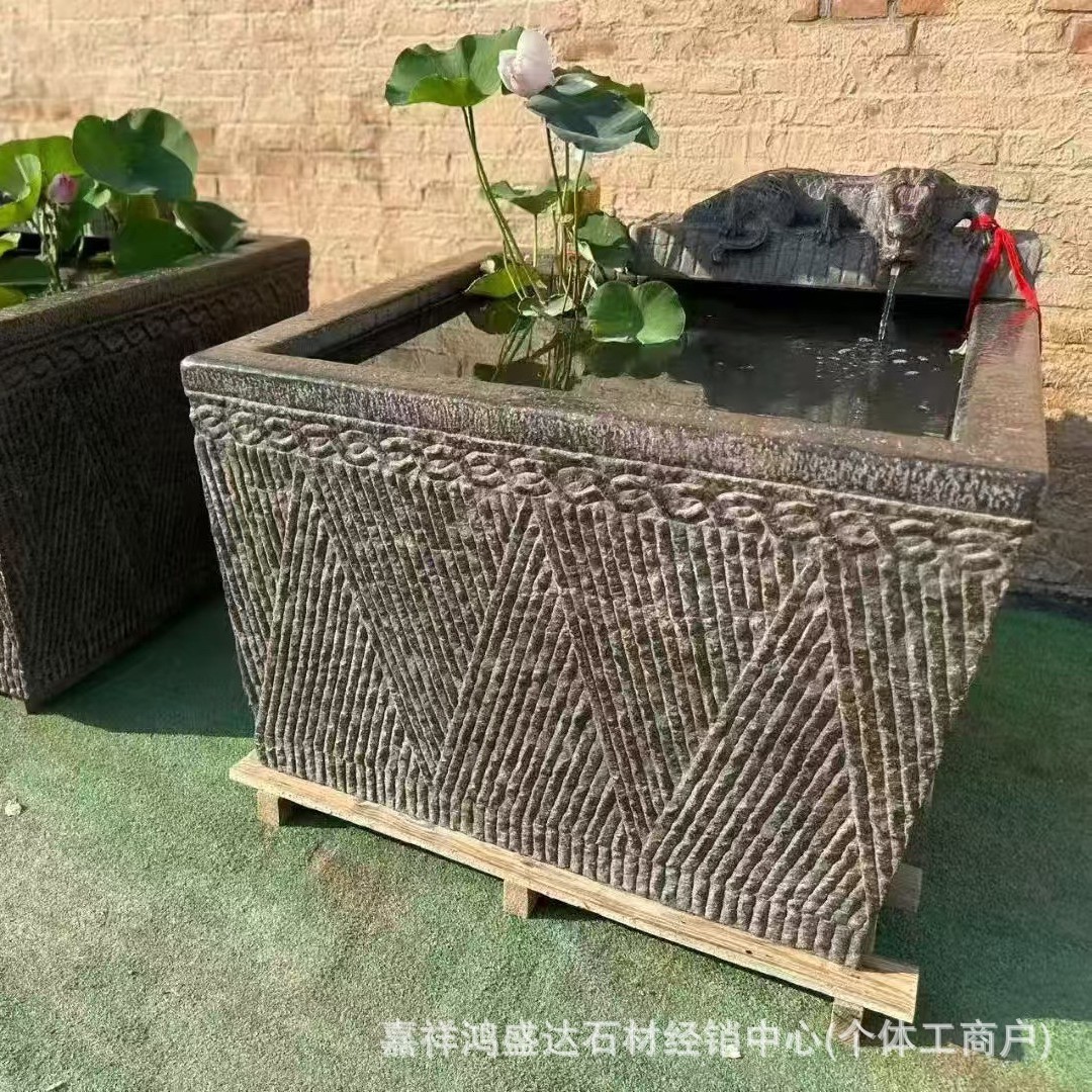 青石雕刻仿古方形鱼缸别墅庭院养鱼石缸摆件家用荷花缸青石鱼缸