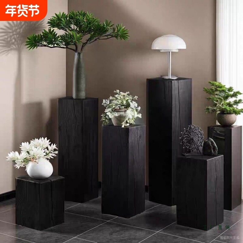 实木墩花架原木方形边几展示架玄关摆件根雕木桩艺术室内碳化木