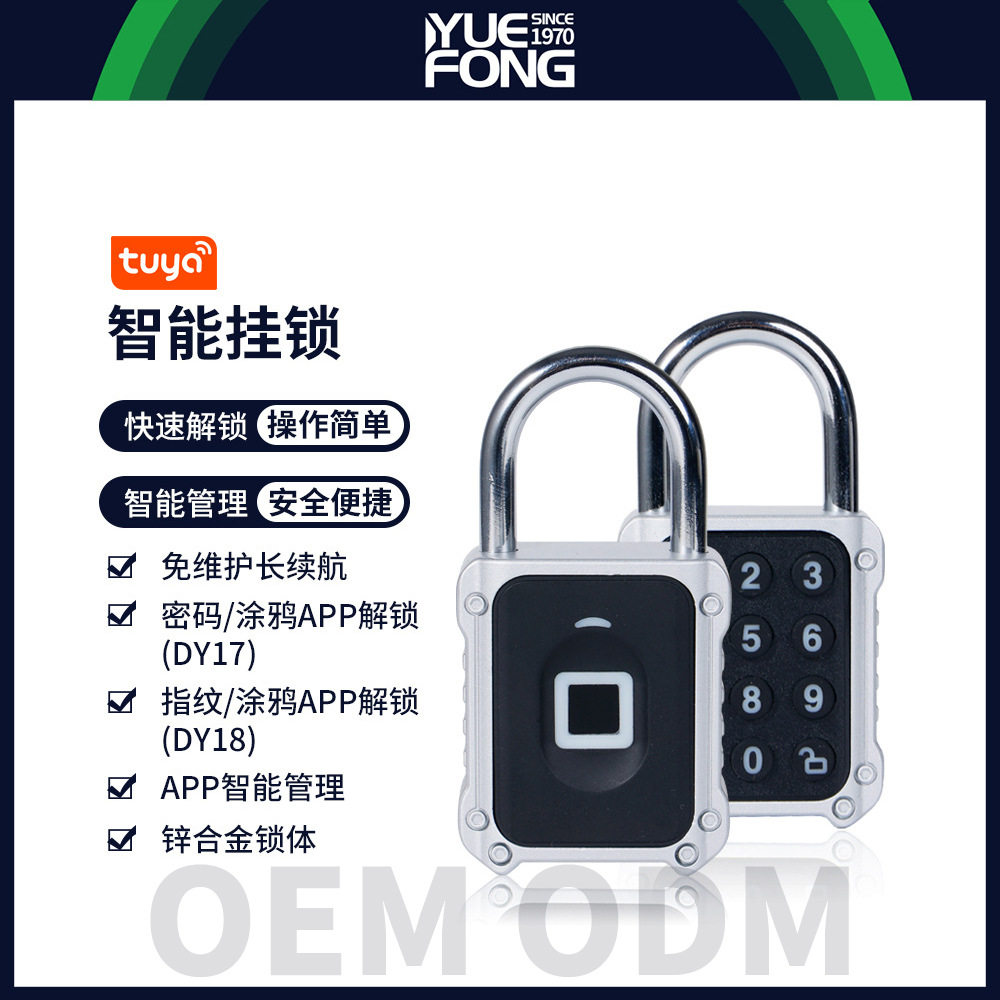 粤丰跨境智能涂鸦指纹锁电子挂锁锌合金密码锁挂锁小型锁头厂家