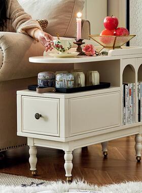 奶油风沙发边几柜可移动边桌小茶几侧边柜客厅小推车实木白色角几