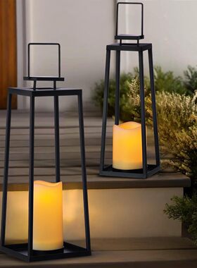 跨境客厅装饰灯笼黑色金属灯笼前廊室内装饰带LED蜡烛灯笼装饰