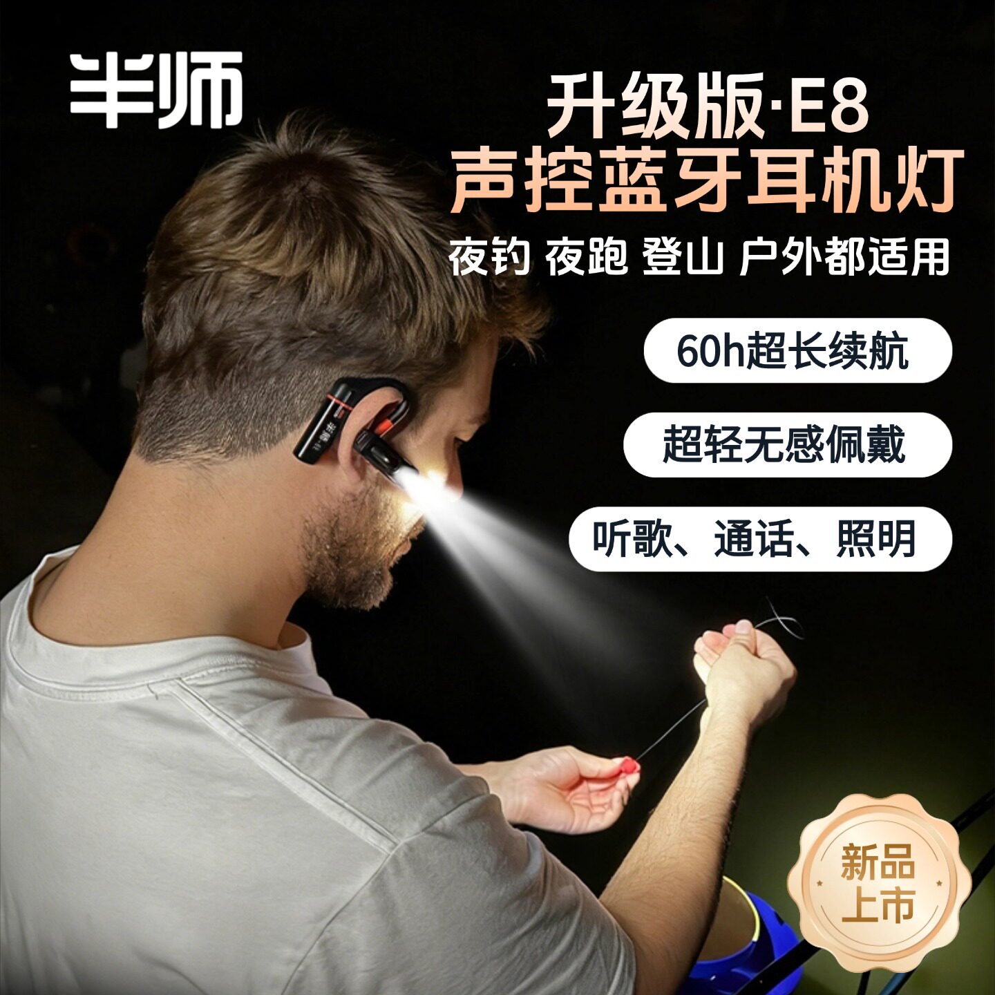 半师E8声控蓝牙耳机头灯户外登山夜钓灯挂耳式超长续航露营照明灯